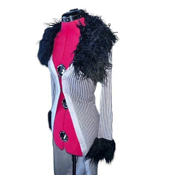 Urban Outfitters Janis Faux Fur Trimmed Ribbed Duster Cardigan Sz XS Front Clasp - Picture 5 of 16